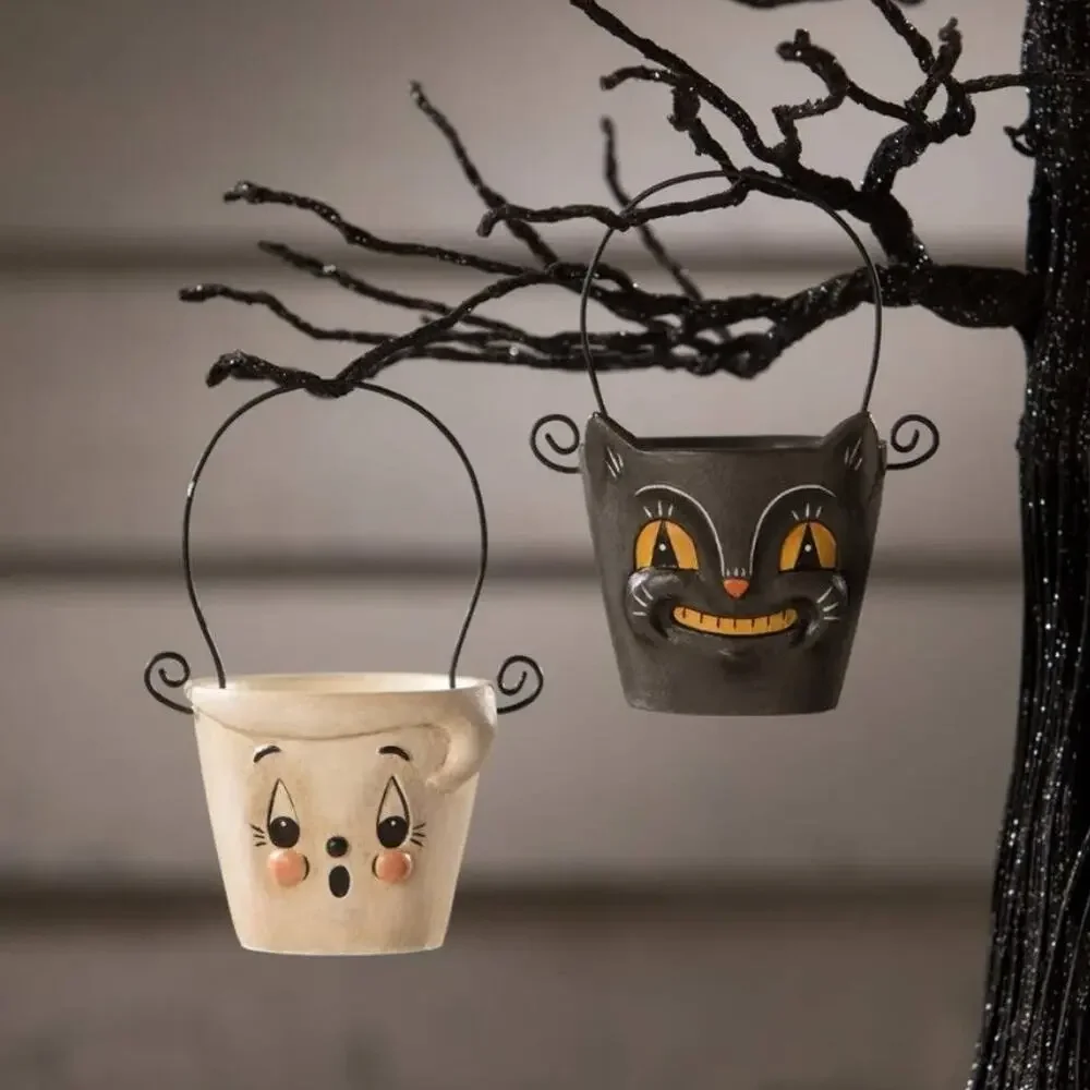 Bethany Lowe Johanna Parker 2 Boo & Cat Teeny Halloweenie Pail Ornaments NEW